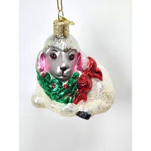 OWC Glass Lamb Christmas Ornament  Glittered White Sheep Holly Wreath 3"